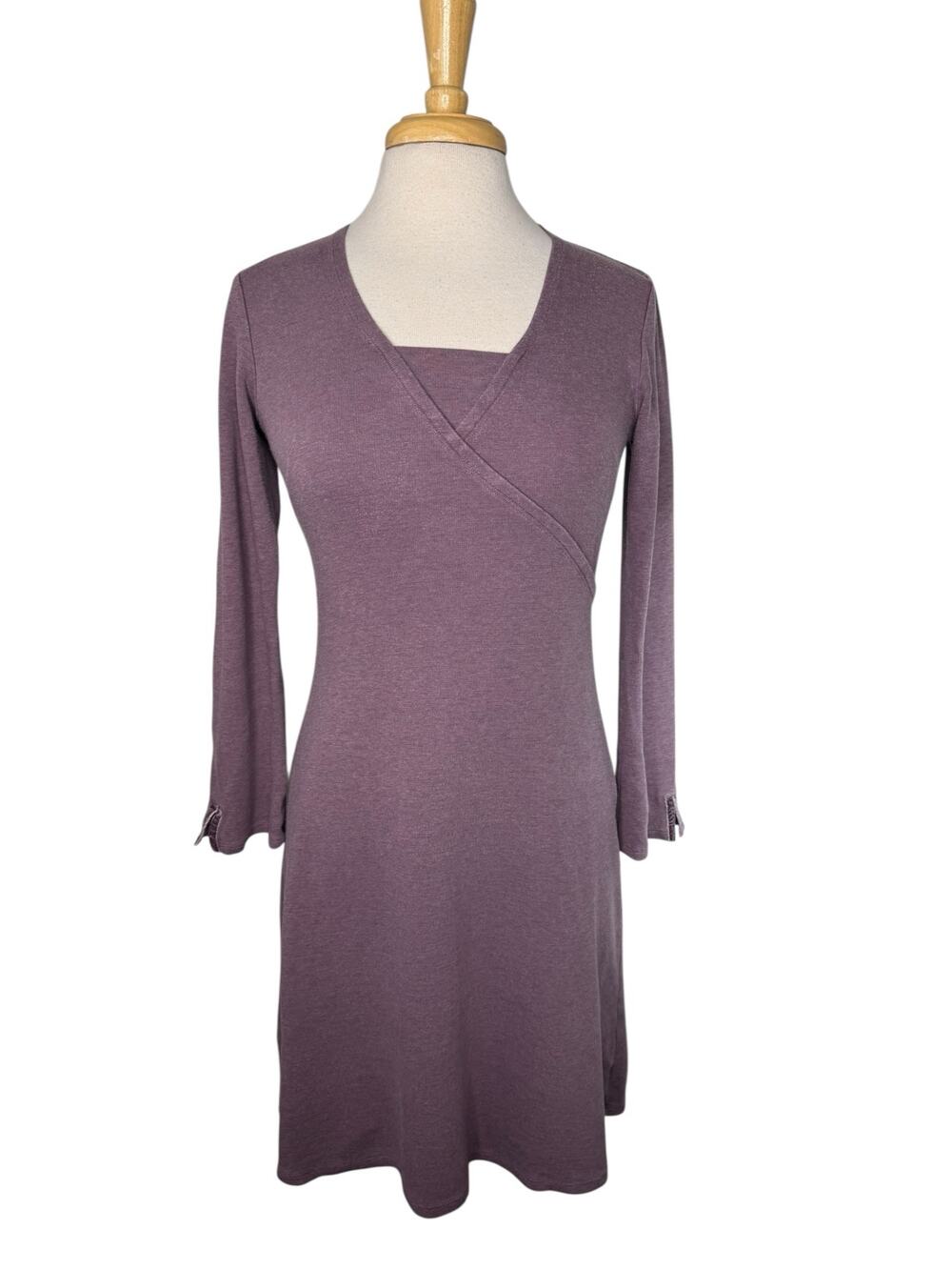 HORNY TOAD Heather Purple Empirical 3/4 Sleeve Dress Size Small Faux Wrap Midi
